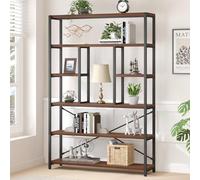 LVB Libreria alta a 6 ripiani, in legno e metallo, librerie e scaffali per libri, 6 ripiani, industriale grande e ampia, scaffale Etagere per soggiorno, vintage rustico, grande libreria aperta per