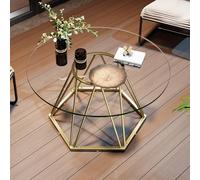 LVB Tavolino da caffè rotondo in vetro, moderno tavolo da salotto dorato con struttura esagonale in metallo, piccolo centrotavola contemporaneo, tavolo da cocktail rotondo minimalista per camera da