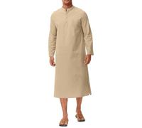 LVCBL Caftano da uomo a maniche lunghe con scollatura, bottoni alti Thobe, spacco laterale, cachi, L