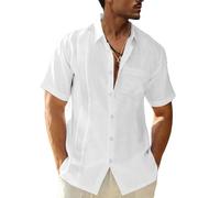 LVCBL Camicia da uomo in lino a maniche corte, camicia estiva, camicia casual con tasca sul petto, vestibilità regolare, camicie da uomo, bianco, L