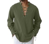 LVCBL Camicia Uomo in Cotone Lino Verde Stile Storico Verde Militare L