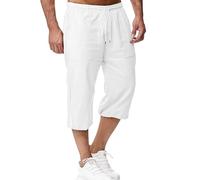 LVCBL Pantaloncini da uomo in lino, lunghezza 3/4, pantaloni estivi, da spiaggia, yoga, jogging, casual, bianco, XXXL