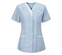 Lvguang Donna Camice Medico Manica Corta Collo a V Infermiera Estetista Maglietta da Laboratorio con Tasche (Azzurro, L)