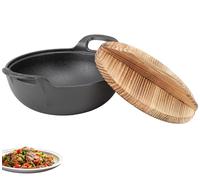 lvifloae Padella wok con coperchio, wok in ghisa con 2 manici coperchio in legno padella con base piatta non rivestita per mescolare friggere grill vapore autentico cibo asiatico cinese φ20 cm 25 cm