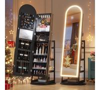 LVSOMT 360° Ruotabile LED Specchio Portagioie, Specchio Portagioie da Terra con Serratura, Specchiera Contenitore Gioielli con 3 colori Luce, Armadietto Specchiera a Figura Intera con Ripiani, Nero