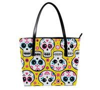 LVTISEE Mexico Sugar Skull Floral Yellow Pattern Tote Bag Donna PU Pelle Borse a Tracolla Tote Borsa Hobo Borsa per Lavoro Viaggi