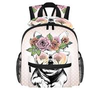 LVTISEE Zaino leggero con cane carlino con fiori sulla testa, piccolo zaino per libri casual da viaggio con tasche laterali per bottiglie