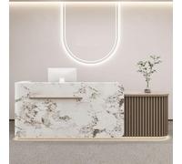 LVYWEX Bancone Reception a L con Luci LED, Armadio con Serratura e Ripiani Banco Accoglienza per Ufficio, Salone o Hall(White-B Right,140cm)