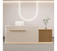 LVYWEX Bancone Reception a L con Luci LED, Armadio con Serratura e Ripiani Banco Accoglienza per Ufficio, Salone o Hall(Apricot-A Right,140cm)