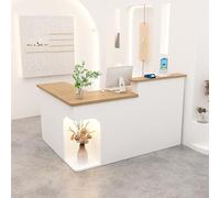 LVYWEX Bancone Reception, Tavolo Da Bancone con Cassetti Portaoggetti E Ripiani Aperti, per Saloni, Boutique E Bar(Wood+Off-white left,160cm)