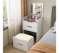 LVYWEX Scrivania Da Toeletta Con Specchio Ribaltabile,Tavolo Da Toeletta Compatto Con 2 Cassetti E Sgabello E Specchio LED,Bianco/nero,Francese(White,48cm)