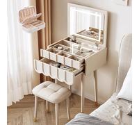 LVYWEX Scrivania Da Toeletta Con Specchio Ribaltabile,Tavolo Da Toeletta Compatto Con 2 Cassetti E Sgabello E Specchio LED,Bianco/nero,Francese(Noir,40cm)