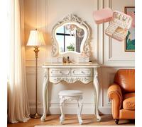LVYWEX Tavolo Da Toeletta, Vintage Europeo, Tavolo Da Trucco Con Specchio A LED E Portagioie Per Camerette Da Ragazza(80x45x148cm)