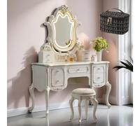 LVYWEX Tavolo Da Trucco, Scrivania Da Trucco Vintage Europea Con Specchio E Sgabello Imbottito, 3 Modalità Di Illuminazione, Confezione Da Trousse Per Cosmetici