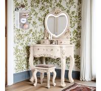 LVYWEX Tavolo Da Trucco, Toletta Con Specchio A Forma Di Cuore, Sgabello Imbottito E Contenitore Per Cipria, Art Déco