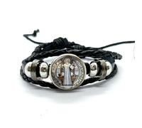 LWXLP Bracciale in pelle con medaglia di San Benedetto Cattolico San Benito Cupola in vetro Bottoni a pressione Braccialetti Uomo Donna Accessori per gioielli