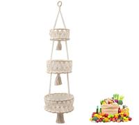 LWZko Portafrutta da Appendere, Cesto per Frutta da Appendere 3 Ripiani, Rete Portafrutta da Appendere, Macramè, Boho, per Soggiorno, Balcone, Risparmiare Spazio (110cm)