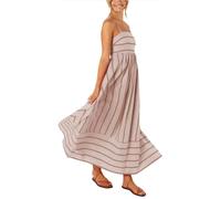 LXCJZY Women's Striped Back Smocked Maxi Dress,Sexy Spaghetti Strap Cut Out Flowy Boho Strip Print A Line Long Dress (Khaki, S)