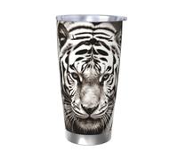 LXCNQFN Borraccia termica in acciaio inox da 590 ml, con coperchio, tazza da caffè con tigri bianche e nere, tazza da caffè da viaggio a doppia parete con cannucce in metallo e detergente per cannucce