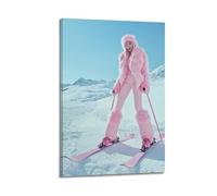 LXDSTK Album fotografico moderno per la famiglia, decorazione artistica da parete per camera da letto, poster sportivo moderno, stampa su tela con donna che scia, colore rosa su montagna innevata, 50