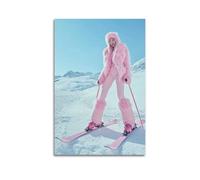 LXDSTK Album fotografico moderno per la famiglia, decorazione artistica da parete per camera da letto, poster sportivo moderno, stampa su tela con donna che scia, colore rosa su montagna innevata, 40