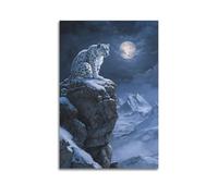 LXDSTK Squisita moderna stampa artistica da parete su tela con stampa fotografica realistica leopardo delle nevi poster con animali sotto la luna notte di montagna 50 x 75 cm