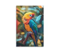 LXDSTK Stampa artistica da parete astratta minimalista su tela, poster con animali tropicali, vivace poster colorato con pappagallo appollaiato su un ramo, decorazione da parete poster 60 x 90 cm