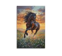 LXDSTK Stampa artistica da parete su tela con immagine di famiglia in stile moderno, con stampa realistica di animali che corrono nel campo di fiori al tramonto, 50 x 75 cm