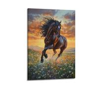 LXDSTK Stampa artistica da parete su tela con immagine di famiglia in stile moderno, con stampa realistica di animali che corrono nel campo di fiori al tramonto, 50 x 75 cm
