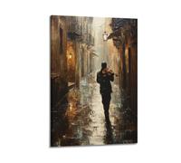 LXDSTK Stampa artistica da parete su tela con immagine di famiglia moderna con immagine di un uomo che suona il violino nel vicolo piovoso, 20 x 30 cm