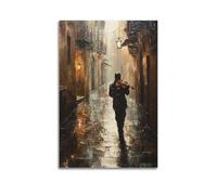 LXDSTK Stampa artistica da parete su tela con immagine di famiglia moderna con stampa di un dipinto a olio con un uomo che suona il violino nel vicolo piovoso, 30 x 45 cm