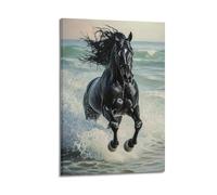 LXDSTK Stampa artistica da parete su tela con immagine di famiglia moderna, con stampa realistica di animali, cavallo nero al galoppo sulla riva del mare, 20 x 30 cm