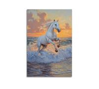 LXDSTK Stampa artistica da parete su tela con immagine di un cavallo bianco realistico che corre sulla riva del mare, poster da 60 x 90 cm