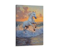 LXDSTK Stampa artistica da parete su tela con immagine di un cavallo bianco realistico che corre sulla riva del mare, poster da 60 x 90 cm