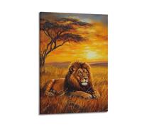 LXDSTK Stampa artistica da parete su tela con immagine di una famiglia e un leone sotto il tramonto nella savana, 50 x 75 cm