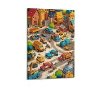 LXDSTK Stampa artistica da parete su tela con motivo di fumetti e paesaggi urbani con camion ed edifici colorati, 60 x 90 cm