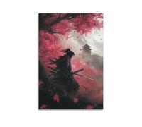 LXDSTK Stampa artistica da parete su tela, motivo: Samurai Japandi con fiori di ciliegio e pagoda, 30 x 45 cm