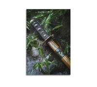 LXDSTK Stampa artistica da parete su tela, motivo: spada samurai giapponesi, poster con cornice in bambù e roccia, 40 x 60 cm