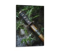 LXDSTK Stampa artistica da parete su tela, motivo: spada samurai giapponesi, poster con cornice in bambù e roccia, 40 x 60 cm