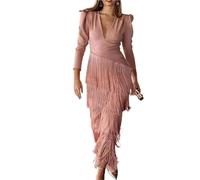 LXHZSY Vestito con Nappe Abito Elegante da Ballo Slim con Scollo a V Profondo - Lungo Nappe impiombate in Tinta Unita Donna Maxi for Occasioni Speciali(Pink,M)