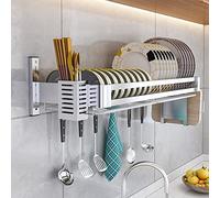 LXJBBD Scolapiatti da cucina, in acciaio inox, da parete, con vassoio antigoccia, portaposate e supporto per taglieri