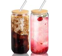 LXLUOO Bicchieri di vetro con coperchio e cannucce, bicchieri da caffè freddo da 473,6 g, bicchieri in vetro a forma di latta, bicchieri con cannuccia e coperchio per latte, frullati, caffè freddo, 2