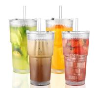 Lxoraziy 4 Pezzi 600ml Bicchiere Vetro con Cannuccia e Coperchio, Bicchieri Birra Vetro, Bicchieri da Caffè Ghiacciati, per Casa, Feste, Cocktail, Whisky, Vino