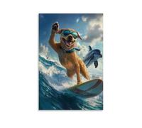 LXPPLSYY Decorazione artistica da parete con cane in maschera che fa surf accanto ai delfini, zampa sollevata come un saluto al mare. Decorazione artistica da parete moderna da appendere, 40 x 60 cm