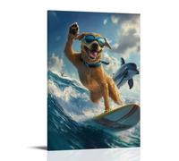LXPPLSYY Decorazione artistica da parete con cane in maschera che fa surf accanto ai delfini, zampa sollevata come un saluto al mare. Decorazione artistica da parete moderna da appendere, 40 x 60 cm