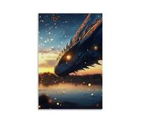 LXPPLSYY Decorazione artistica da parete con immagine di un drago al tramonto che si estende attraverso l'orizzonte mentre le lucciole si alzano come stelle, decorazione moderna da appendere, 20 x 30