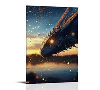 LXPPLSYY Decorazione artistica da parete con immagine di un drago al tramonto che si estende attraverso l'orizzonte mentre le lucciole si alzano come stelle, decorazione moderna da appendere, 60 x 90