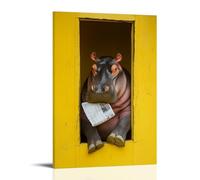LXPPLSYY Decorazione artistica da parete con ippopotamo che spreme in una piccola stalla del WC, giornale con zoccoli, sfondo giallo tinta unita, decorazione artistica da appendere, 50 x 75 cm