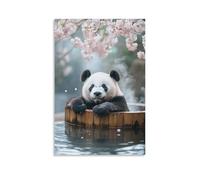 LXPPLSYY Decorazione artistica da parete con panda che si rilassa in un bagno termale in legno sotto i fiori di ciliegio con vapore di bambù che si alza sul muro, decorazione moderna da appendere, 60
