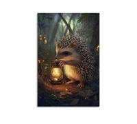 LXPPLSYY Decorazione artistica da parete con riccio che tiene una lanterna in una foresta in stile libro di fiabe, direttamente da una fiaba del 1900, decorazione moderna da appendere, 20 x 30 cm